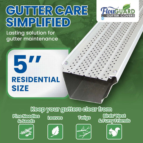 Gutter Guard System For 5 Inch Gutters, Aluminum Leaf Protection, USA Made, 125 Feet, White, 50 Year Durability