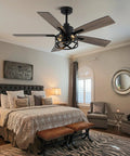 52 Inch Farmhouse Ceiling Fan With Lights And Remote, caged rustic light fixture in modern bedroom with reversible DC motor.