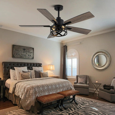 52 Inch Farmhouse Ceiling Fan With Lights And Remote, caged rustic light fixture in modern bedroom with reversible DC motor.