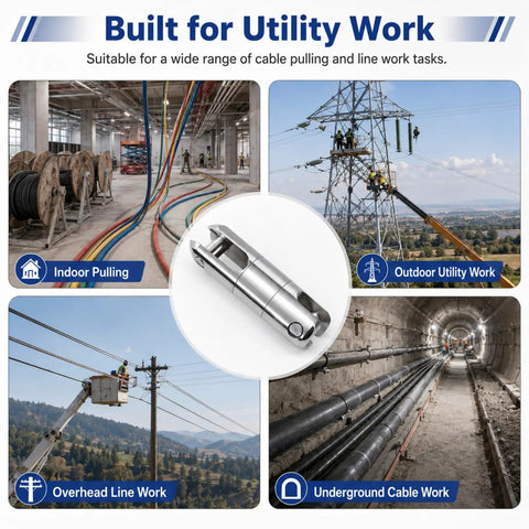 Heavy Duty 1 To 8 Ton Swivel Cable Puller With Bearing Links shown for indoor, outdoor, overhead, and underground utility work.