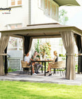 10 Foot By 12 Foot Outdoor Patio Gazebo With Double Roof, Heavy Duty Canopy Shelter, Curtains, Mesh Netting, Steel Frame, Khaki
