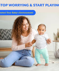 Mother and toddler playing in living room with text reading, 'Stop Worrying & Start Playing, Protect Your Baby's Environment'