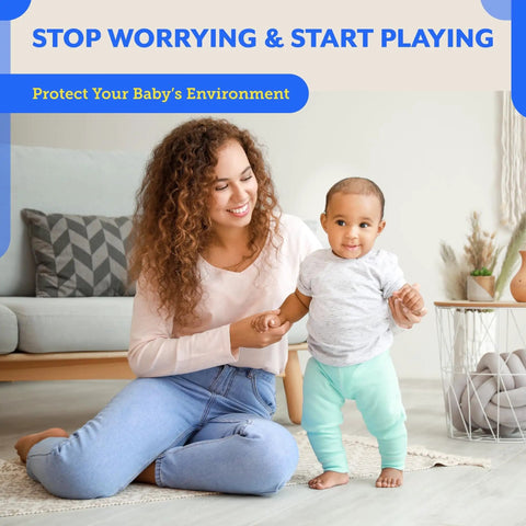 Mother and toddler playing in living room with text reading, 'Stop Worrying & Start Playing, Protect Your Baby's Environment'