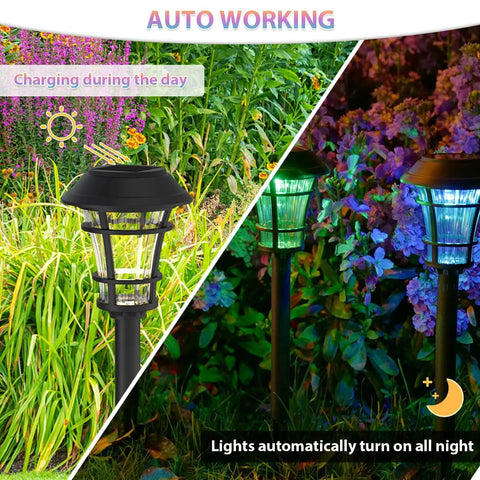 12 Pack Solar Pathway Lights With Cool Color Changing LED Landscape Lighting Waterproof Outdoor Garden Decor Auto On Off With 7 Color Options For Yard Walkway Driveway Patio And Lawn shown charging in sunlight and glowing at night