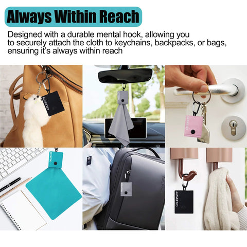 Six solid-color microfiber eyeglass cleaning cloths on metal keychains, shown on bag, car, and door, Amazon