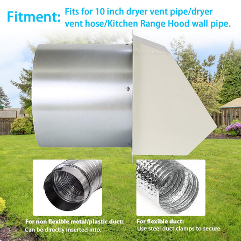 10 Inch Hooded Wall Vent With Screen And Damper For Outdoor Exhaust in white, shown fitted to metal ducting in a garden setting.