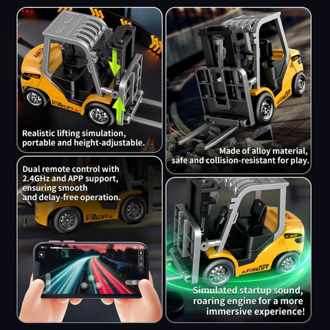Mini One Sixty Fourth Scale RC Forklift Toy With 2 In 1 Transformable Lift Fork And Hook Remote Control Truck shown in use