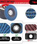 16 Piece Wood Carving Disc Kit For 4 Inch And 4.5 Inch Angle Grinders, showing stack of blue zirconia discs with aluminum oxide and resin details.