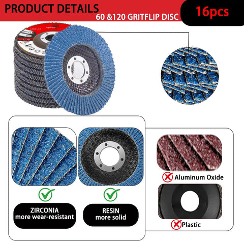 16 Piece Wood Carving Disc Kit For 4 Inch And 4.5 Inch Angle Grinders, showing stack of blue zirconia discs with aluminum oxide and resin details.