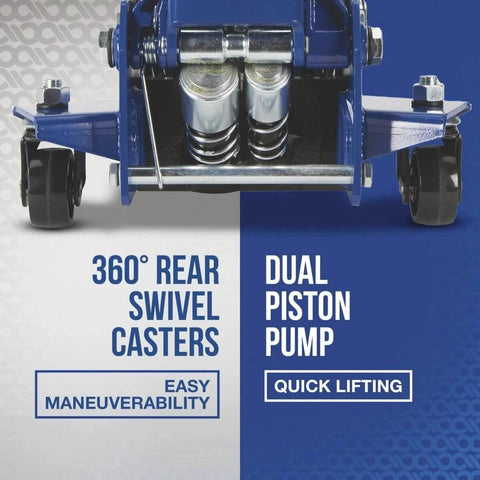 Long Reach Low Profile Floor Jack For Low Clearance Cars, 3 Ton Capacity, dual piston pump view with swivel casters