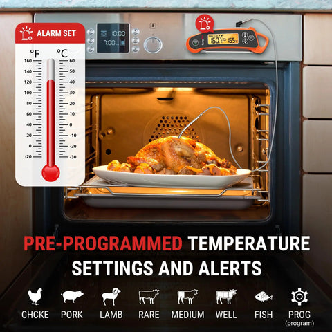 Dual Probe Instant Read Meat Thermometer For Oven And Grill With 2 Probes And Dual Temperature Display showing temperature on oven
