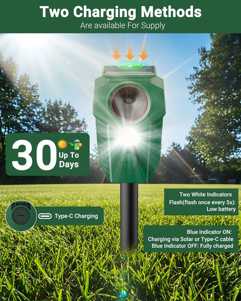 Solar Ultrasonic Deer Repellent With Motion Sensor And Led Flashing Lights For Outdoor Yard Garden And Lawn Keep Deer Cats Raccoons Coyotes And Dogs Away With Waterproof Weatherproof Design, solar-powered with Type-C charging