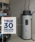 Heavy Duty 30 Gallon Electric Water Heater 5500 Watt 240 Volt Built Tough Workhorse With Integrated Mixing Valve in utility room.