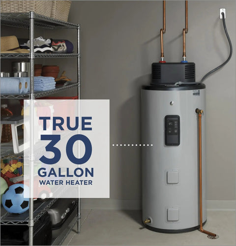 Heavy Duty 30 Gallon Electric Water Heater 5500 Watt 240 Volt Built Tough Workhorse With Integrated Mixing Valve in utility room.