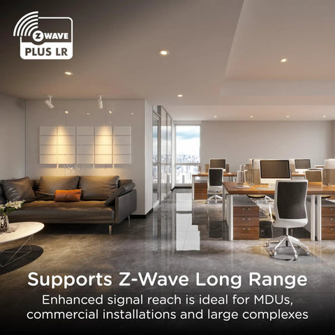 Slick Z Wave Long Range Dimmer Switch With Classic Toggle Design For Effortless Smart Home Control Compatible With Alexa And Google Assistants For No Sweat Diy Installation in modern office setting.