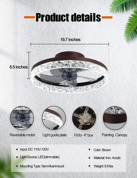 Sleek Low Profile Ceiling Fan With Light And Remote, 19.7 Inch Flush Mount, Dimmable LED, Quiet Reversible DC Motor, Brown Finish product details