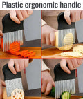 French fry slicer with large crinkle-cut stainless steel blade and plastic ergonomic handle