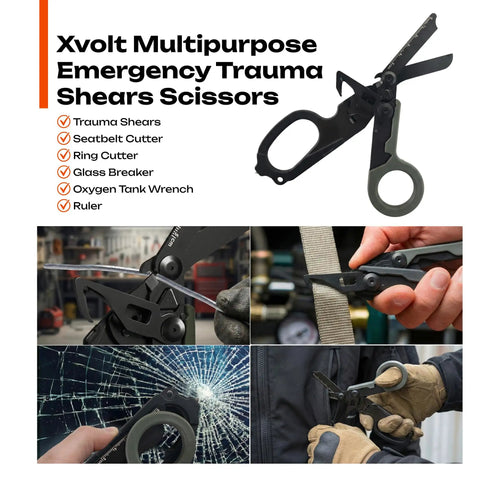 Six In One Foldable Trauma Shears Tactical Rescue Scissors For Emergency Response With Seat Belt Cutter Glass Breaker Ring Cutter Oxygen Tank Wrench And More Grab And Go Everyday Carry Ready foldable black 420HC stainless steel rescue tool