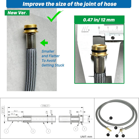 59 Inch Pull Down Kitchen Faucet Hose Replacement No Fuss Easy Install 95507000 95506000 close-up of hose joint and dimensions