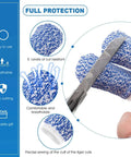 Front view: blue knit finger guard sleeve worn on hand for knife slicing; cut-resistant protection.