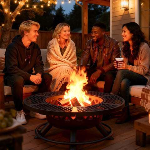 Group enjoying backyard cookout around 40 Inch Outdoor Fire Pit With Poker And Grill For Patio And Backyard, fire glowing at night