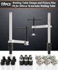 Welding Table Clamps And Fixture Pins Kit, 19 Pieces Including Five Eighth Inch V Blocks And Round Pins, displayed on white surface