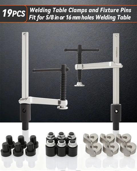 Welding Table Clamps And Fixture Pins Kit, 19 Pieces Including Five Eighth Inch V Blocks And Round Pins, displayed on white surface