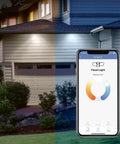 Smart Outdoor Flood Lights With Motion Sensor, 28W LED WiFi Security Light, Dusk To Dawn, Tunable White shown in home setup with app control.
