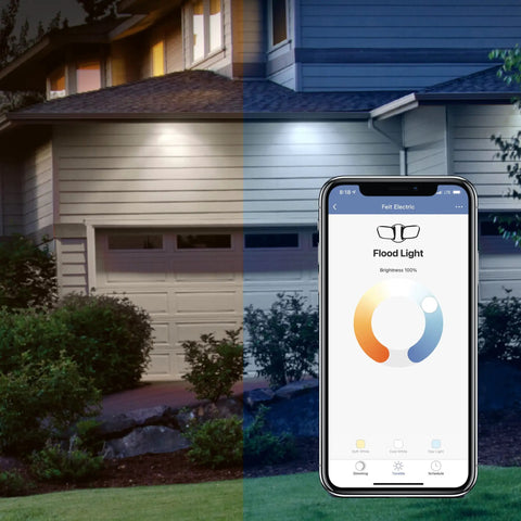 Smart Outdoor Flood Lights With Motion Sensor, 28W LED WiFi Security Light, Dusk To Dawn, Tunable White shown in home setup with app control.