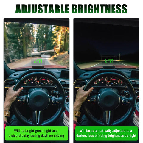 HD Car Heads Up Display With Large Font USB Plug And Play Digital Speedometer showing adjustable brightness in daylight and night view
