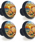 Laid Back Coastal Sunset Beach Shell Cabinet Knobs Four Pack For Kitchen And Bathroom Hardware With Nautilus Scallops Stained Glass Vintage Nautical Drawer Pulls with stained glass design, 1.37 inch diameter.