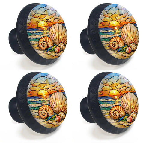 Laid Back Coastal Sunset Beach Shell Cabinet Knobs Four Pack For Kitchen And Bathroom Hardware With Nautilus Scallops Stained Glass Vintage Nautical Drawer Pulls with stained glass design, 1.37 inch diameter.