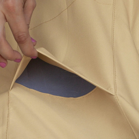 Close-up of vented section on Veranda 94 Inch Round Patio Table And Chair Cover With Umbrella Hole, Gardelle Fabric System.