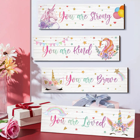 Unicorn Wall Decor Set For Girls Room Rainbow Wall Art Four Piece Bundle Motivational Inspirational Bedroom Decorations For Kids
