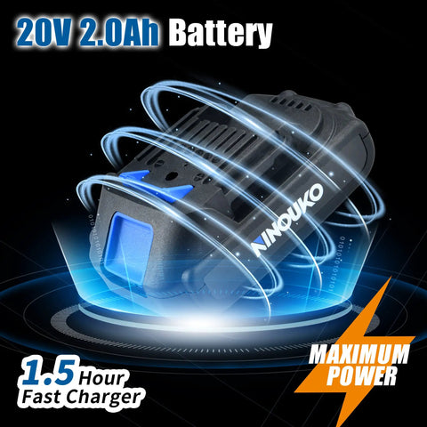 20V 2.0Ah battery for 20V Cordless Impact Drill Driver Kit With Battery And Fast Charger, shown with blue accents and power indicators