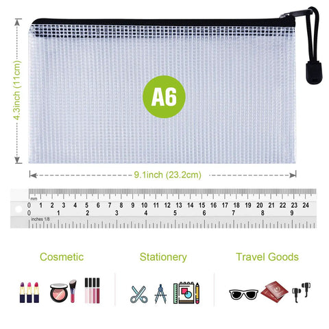 Six Pack Plastic Zipper Pencil Pouches Set Waterproof And Tear Resistant Document Folders A6 Size with size measurement