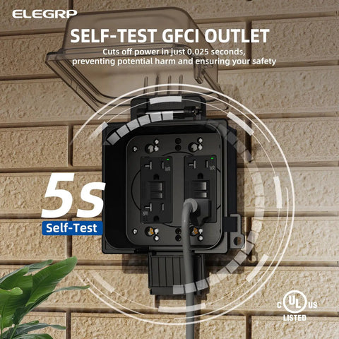 Heavy Duty Outdoor GFCI Outlets 20 Amp With Badass Weatherproof In Use Covers And Self Testing Safety Tech For Patios And Decks showing self-test feature on dark receptacle.