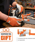 Man using Two In One Chainsaw Sharpener Kit With Round And Flat Files No Fuss Easy Peezy Hand File Guide for sharpening chainsaw