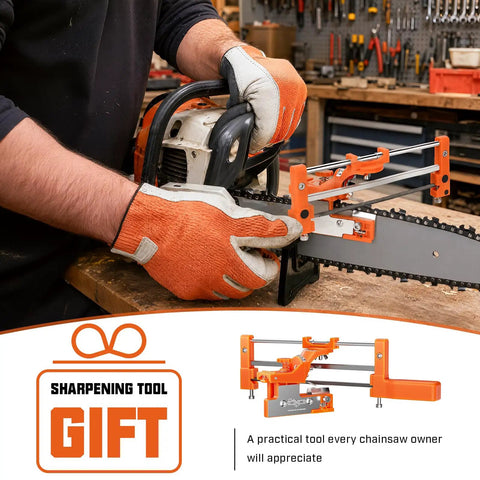 Man using Two In One Chainsaw Sharpener Kit With Round And Flat Files No Fuss Easy Peezy Hand File Guide for sharpening chainsaw