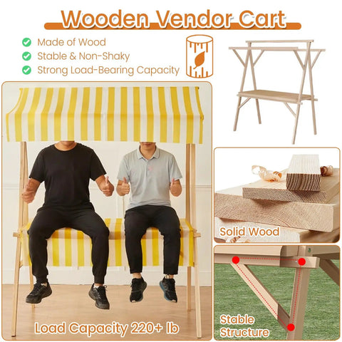 Heavy Duty Portable Folding Vending Cart With Locking Wheels Perfect For Street Food And Coffee Sales Featuring Sturdy Wood Frame And Waterproof Cover, 220lb capacity.