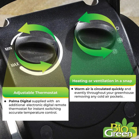 Palma Electric Greenhouse Heater And Fan With Digital Thermostat, showing adjustable settings and control dials.