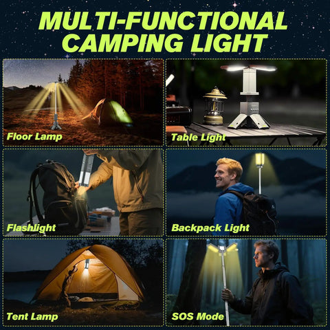 Beefy Portable Camping Light With 14000mAh Battery in use as floor, table, flashlight, backpack, tent, and SOS mode.