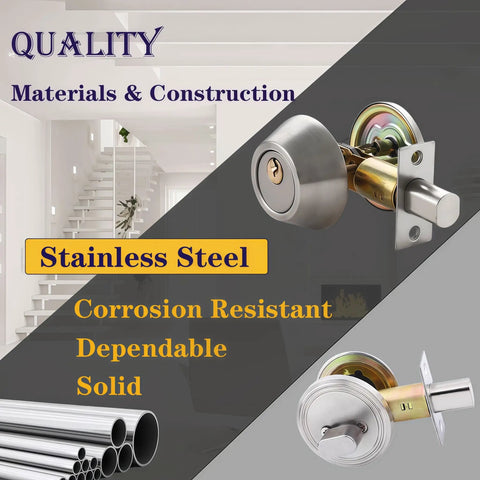 Silver Steel Single Cylinder Deadbolt For Front And Garage Doors With Keyed One Side And Thumb Turn Inside Heavy Duty Home Security Lock Weather Resistant, shown in stainless steel finish with quality features.