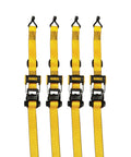Beefed-Up Mid-Weight Ratchet Tie Down Straps 1.5 Inch By 16 Foot 3300 Pound Break Strength 4 Pack shown in yellow with open handles