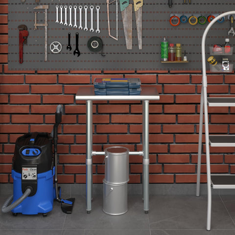 Real Deal Heavy Duty Stainless Steel Work Table With Spacious Open Base Clearance NSF Approved Utility Bench Garage And Laundry 24 Inch By 14 Inch Built Different For Serious Home Projects in a workspace with tools.