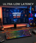 Your Legit Top Shelf 98 Key Gasket Mount Mechanical Keyboard With Numpad And Volume Knob Hot Swappable Linear Creamy Switches Thocky RGB Dye Sub Pudding Keycaps Smooth Gaming Setup on a gaming desk with accessories.