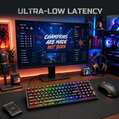 Your Legit Top Shelf 98 Key Gasket Mount Mechanical Keyboard With Numpad And Volume Knob Hot Swappable Linear Creamy Switches Thocky RGB Dye Sub Pudding Keycaps Smooth Gaming Setup on a gaming desk with accessories.