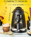 Professional Espresso Maker With Built In Milk Frother And Clear Glass Carafe, Reliable 3.5 Bar Pump, Compact design, measurements displayed.