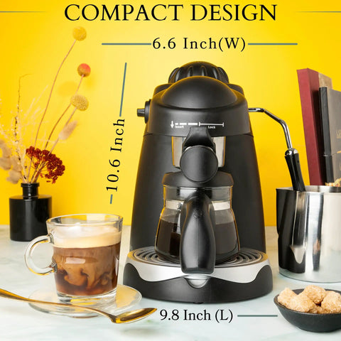 Professional Espresso Maker With Built In Milk Frother And Clear Glass Carafe, Reliable 3.5 Bar Pump, Compact design, measurements displayed.
