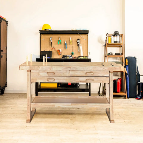 60 Inch Rubber Wood Workbench With Four Drawers Heavy Duty Portable Wood Work Table For Garage Workshop And Home Storage Supports Up To 450 Lbs in a garage setting.